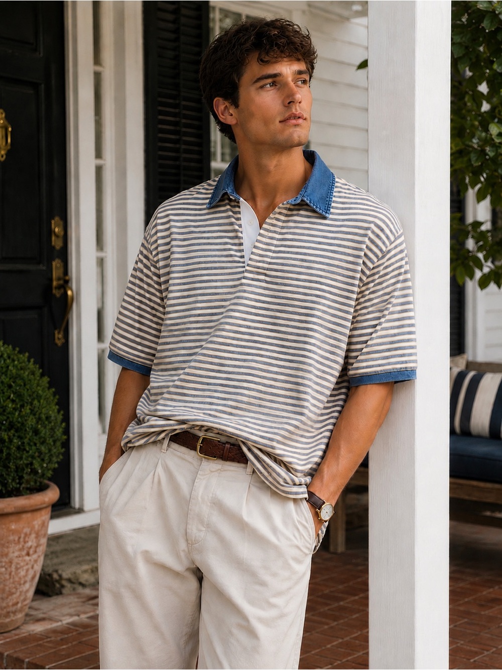 Eddie Bauer Striped Polo Shirt w Jean Collar